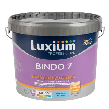 Изображение товара Краска интерьерная моющаяся Bindo 7 матовая 9л Luxium Изображение товара Краска интерьерная моющаяся Bindo 7 матовая 9л Luxium