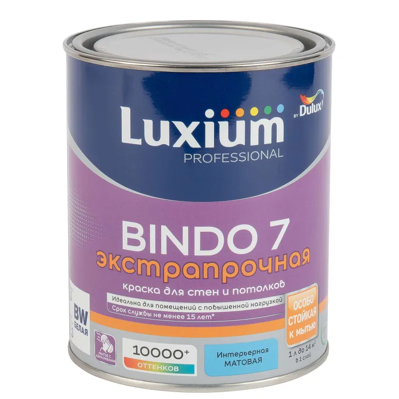 Краска интерьерная моющаяся Bindo 7 матовая 1л Luxium_1