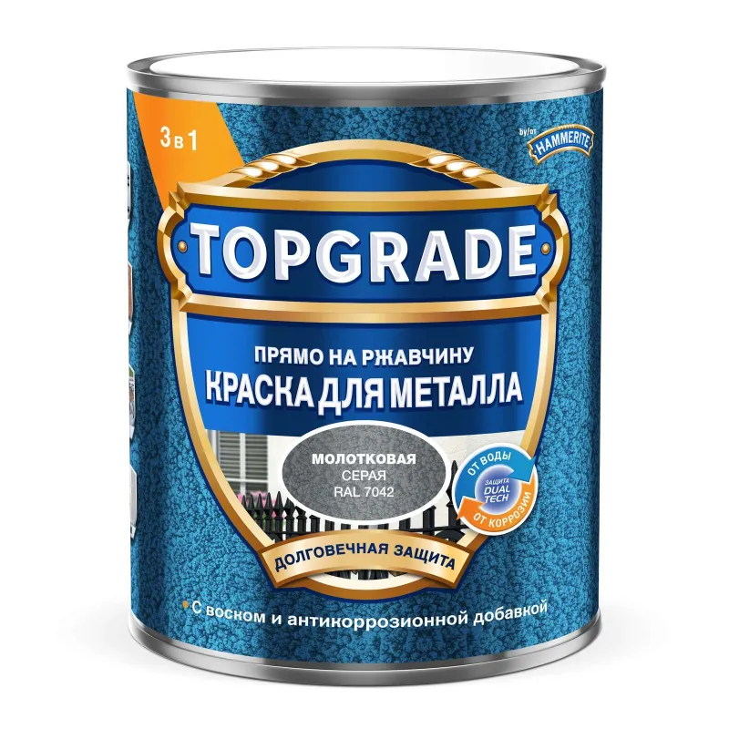 Краска по металлу 3в1 молотковая Topgrade серая (RAL 7042) глянцевая 0,75л_1