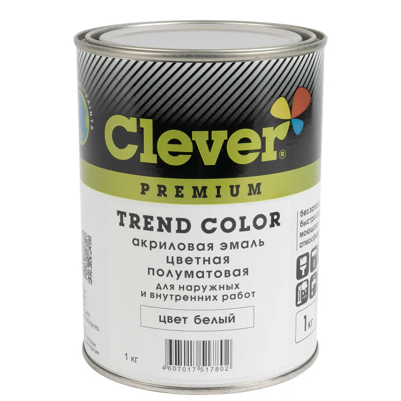 Эмаль акриловая универсальная Clever белая полуматовая 1кг_1