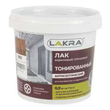 Изображение товара Лак Лакра тонированный Орех 0.9 кг для отделочных работ Изображение товара Лак Лакра тонированный Орех 0.9 кг для отделочных работ