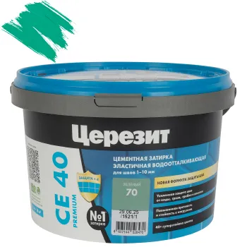 Изображение товара Затирка цементная Церезит CE 40 зеленая 2кг aquastatic для швов 1-10 мм Изображение товара Затирка цементная Церезит CE 40 зеленая 2кг aquastatic для швов 1-10 мм