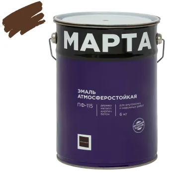 Изображение товара Эмаль ПФ-115 MARTA коричневая глянцевая 6кг для дерева и металла Изображение товара Эмаль ПФ-115 MARTA коричневая глянцевая 6кг для дерева и металла