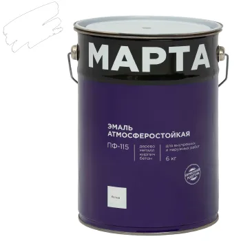 Изображение товара Эмаль ПФ-115 MARTA белая глянцевая 6 кг для металла и дерева Изображение товара Эмаль ПФ-115 MARTA белая глянцевая 6 кг для металла и дерева