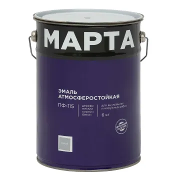Изображение товара Эмаль ПФ-115 MARTA серого цвета, защита металла и дерева, глянцевая, 6кг Изображение товара Эмаль ПФ-115 MARTA серого цвета, защита металла и дерева, глянцевая, 6кг
