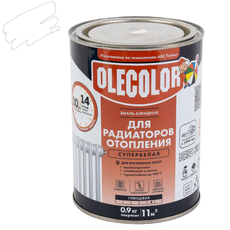 Эмаль алкидная для радиаторов Olecolor белая глянцевая 0,9кг_1