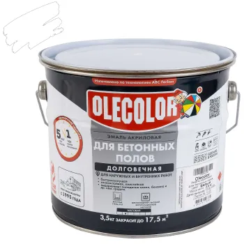 Изображение товара Эмаль акриловая для бетонных полов Olecolor белая 3,5kg матовая Изображение товара Эмаль акриловая для бетонных полов Olecolor белая 3,5kg матовая