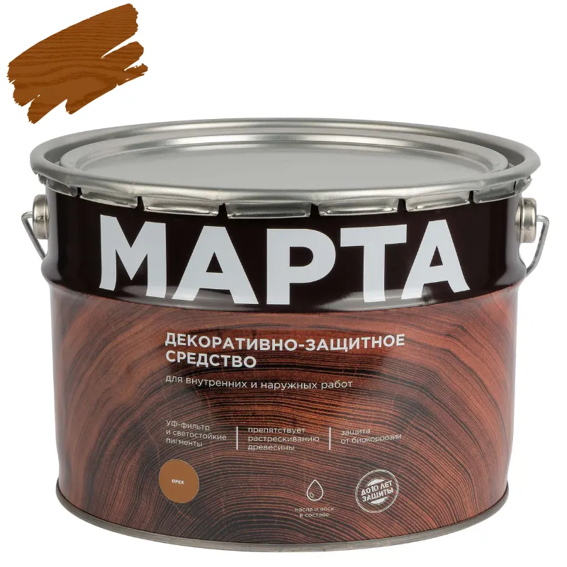 Декоративно-защитное средство для дерева с маслом и воском Марта орех полуглянцевое 9л_1