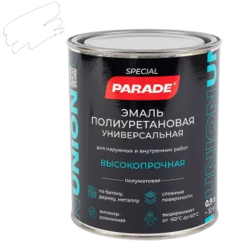 Изображение товара Эмаль полиуретановая универсальная Parade белая полуматовая 0,9л Изображение товара Эмаль полиуретановая универсальная Parade белая полуматовая 0,9л