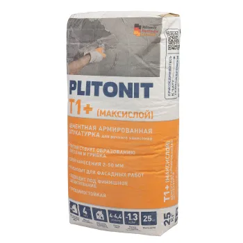 Изображение товара Цементная штукатурка Plitonit Т1+ Максислой 25 кг для внутренних и наружных работ Изображение товара Цементная штукатурка Plitonit Т1+ Максислой 25 кг для внутренних и наружных работ