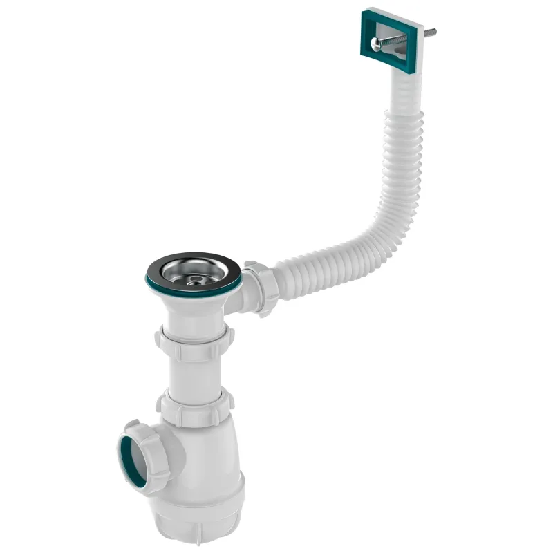 Сифон для кухонной мойки и раковины 1 1/2"х40 Aquant с выходом 40/50 отводом и прямоугольным переливом_1