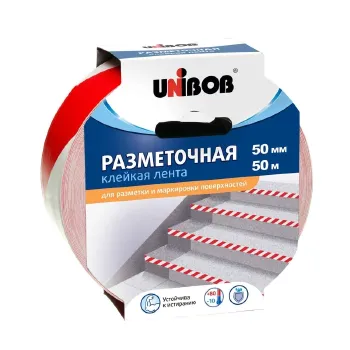 Лента сигнальная клейкая 50мм х 50м красно-белая Unibob