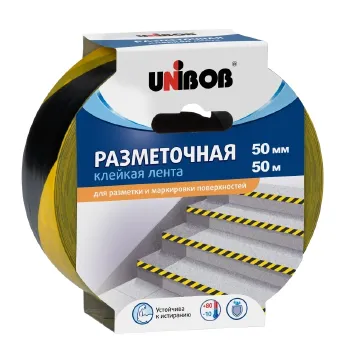 Лента сигнальная клейкая 50мм х 50м желто-черная Unibob
